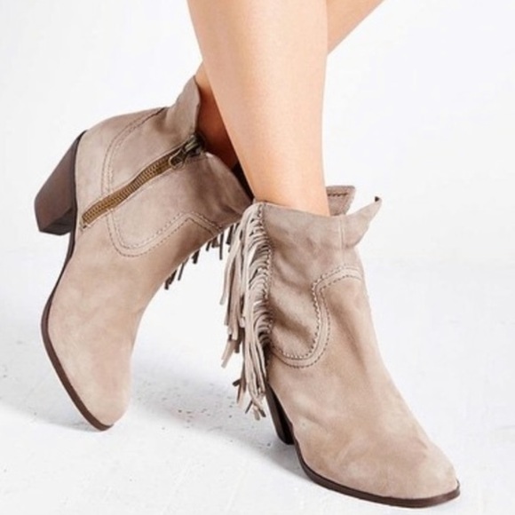 Taupe Burnished Fringe Block Heel Ankle Booties - Picture 2 of 6